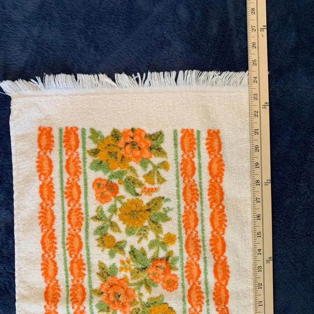 Vtg Cannon 70s Floral Bath Hand Dish Towel Orange Green Yellow Fringe Cotton 3